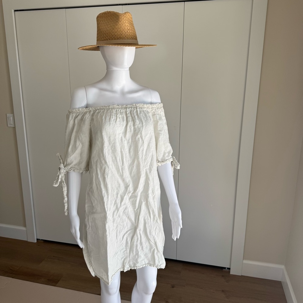 Meo Meli Cream Linen Off-the-Shoulder Mini Dress